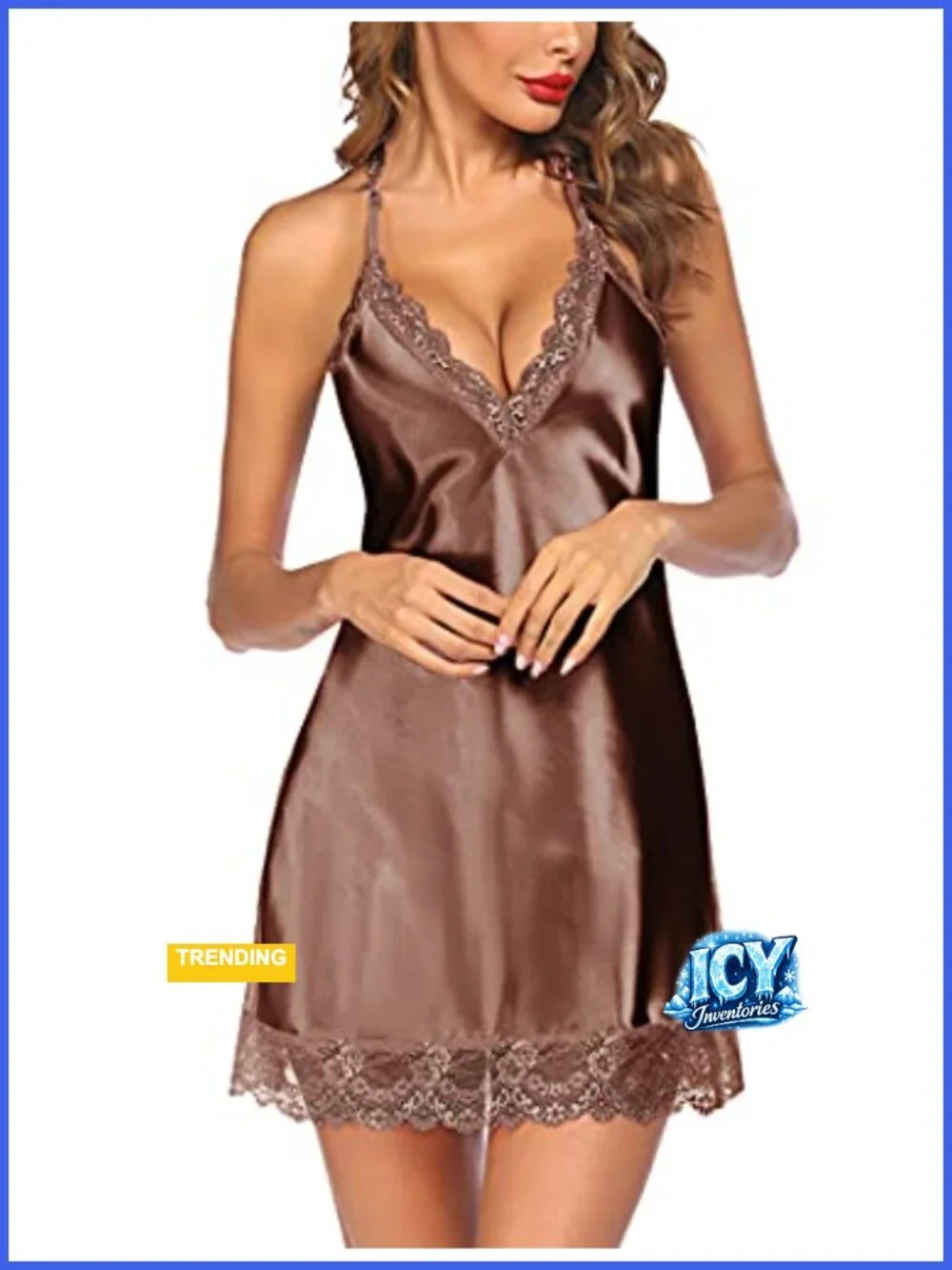 Satin Lace Halter Chemise Babydoll Deep V Neck Sleepwear Bridal